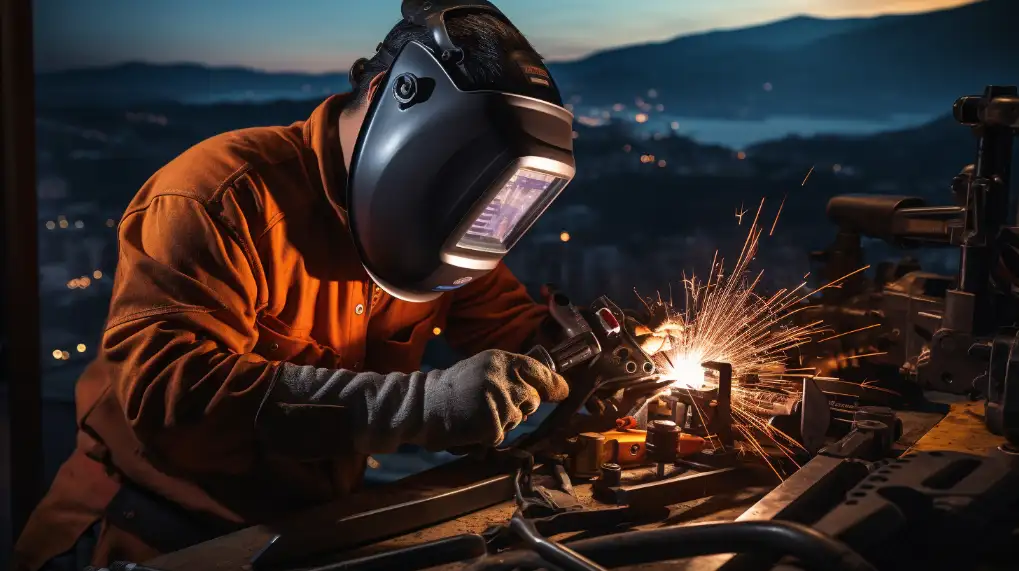 Here are the images depicting an Asian-faced welder performing maintenance on a welding machine in a workshop setting.